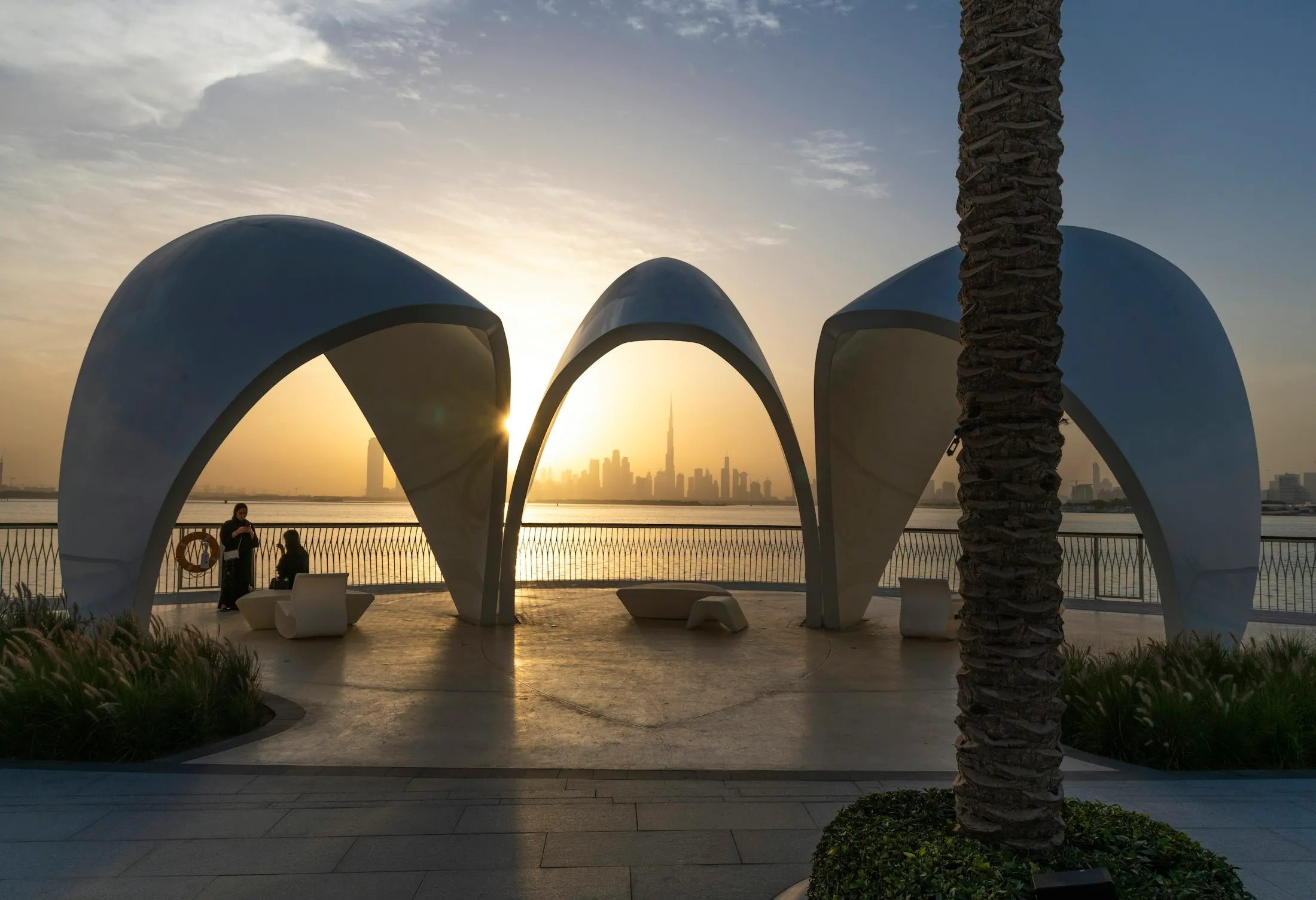 Dubai Creek Harbour shade structures at sunset